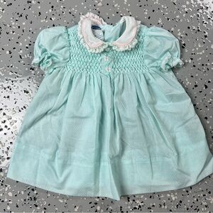 Polly Flinders Vintage Blue Baby Dress with Smocked Bodice